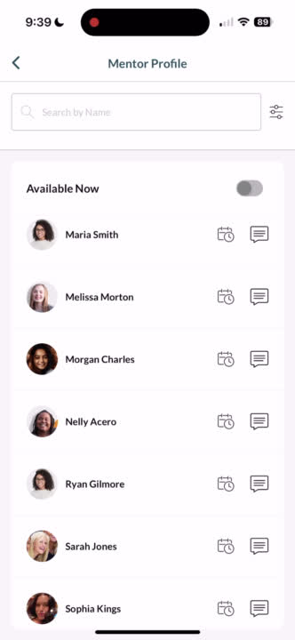 Flash mentoring screen listing alumni mentors who are available now