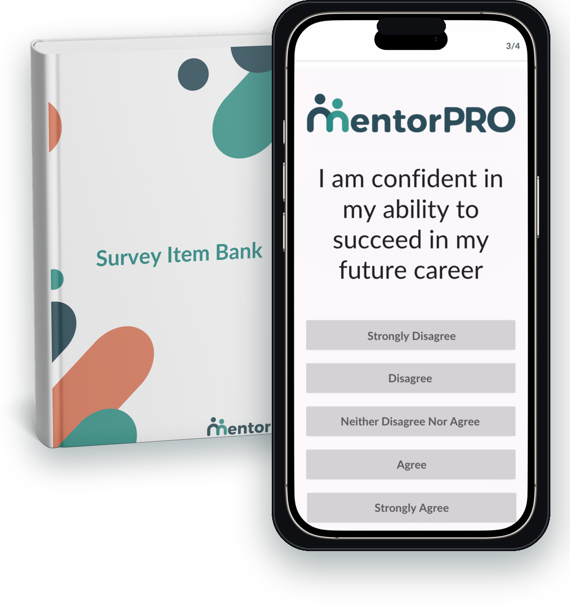 The MentorPRO survey item bank beside a phone showing a survey question about confidence in future career success