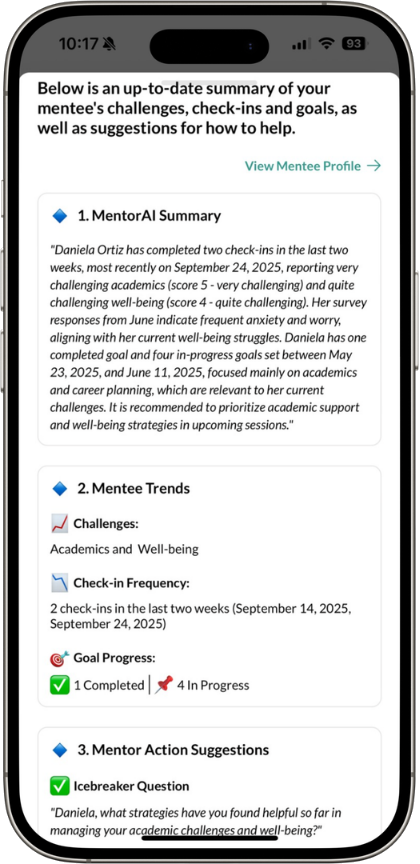 MentorAI displaying a mentee overview and guidance for a mentor