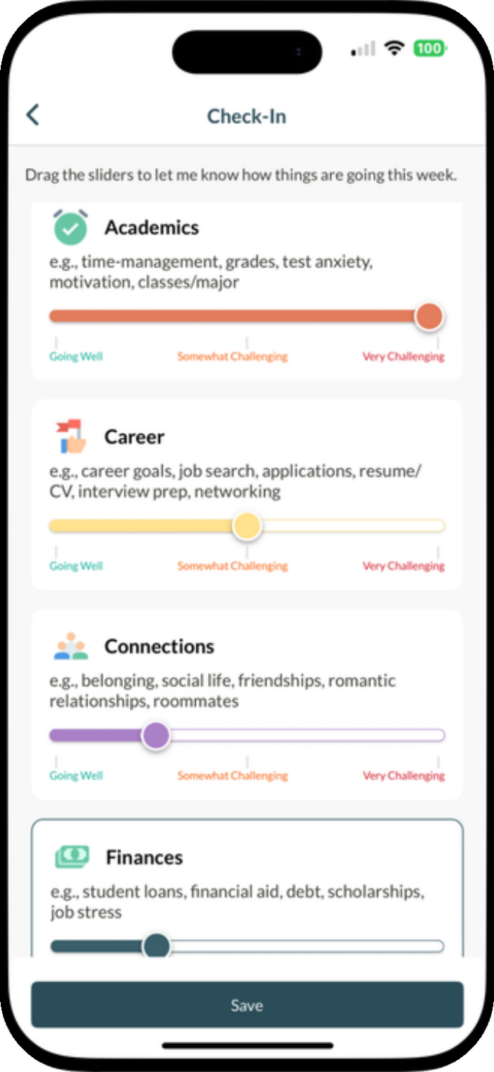 MentorPRO Check-In screen showing areas of a mentee's life