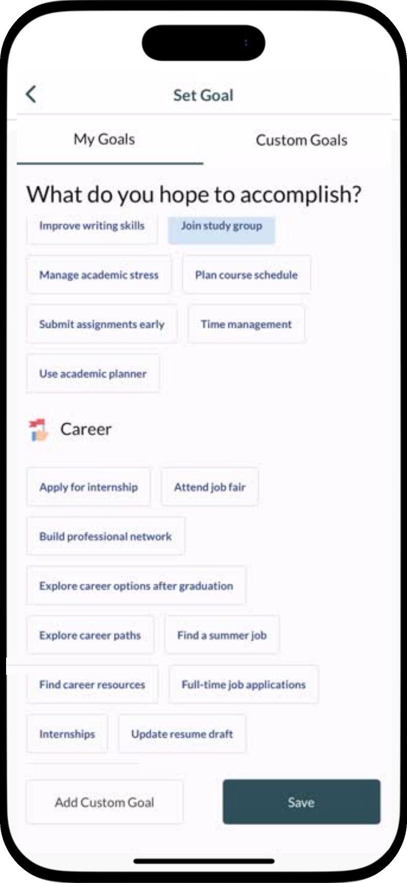 MentorPRO Goal Setting screen